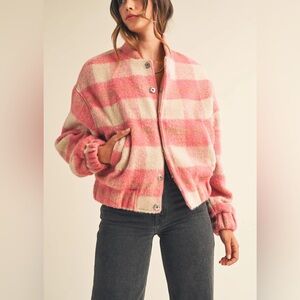 Mable pink plaid fuzzy bomber jacket Size S